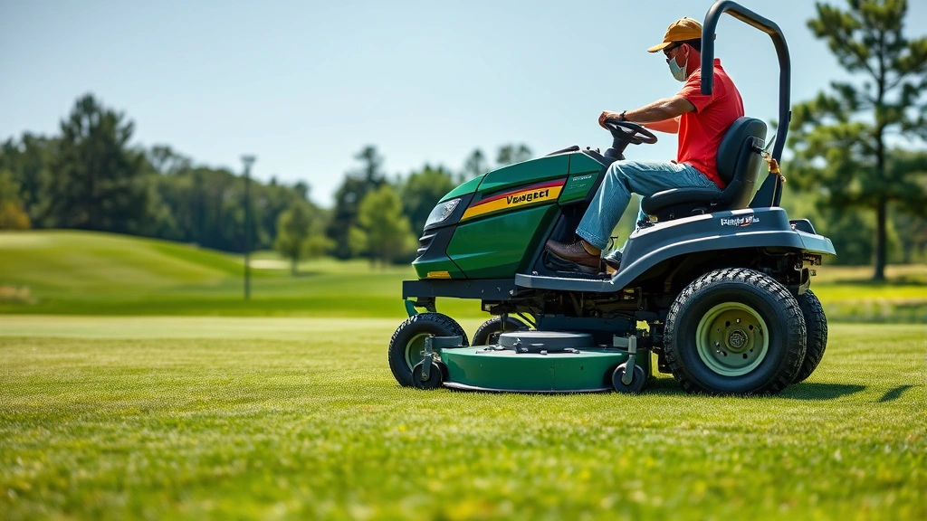 Golf course maintenance crew operating riding mower on fairway, green grass, clear weather conditions, professional groundskeeping demonstration, realistic detail