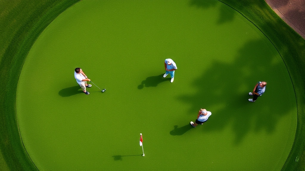 Overhead view of golfers on putting green, one player in putting stance, others standing respectfully, well-maintained green with flag stick, natural daylight