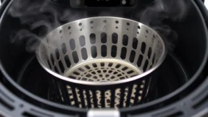 Close-up of a stainless steel air fryer basket being inserted into the main cooking chamber, steam rising from the preheated unit, digital temperature display showing 375°F clearly visible