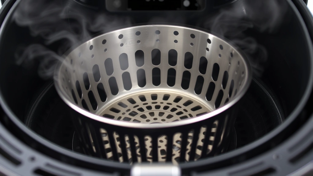 Close-up of a stainless steel air fryer basket being inserted into the main cooking chamber, steam rising from the preheated unit, digital temperature display showing 375°F clearly visible