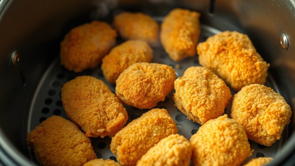 Golden-brown crispy frozen chicken nuggets arranged in a single layer inside a stainless steel air fryer basket, steam rising gently, professional kitchen lighting, close-up detail showing breading texture and color perfection