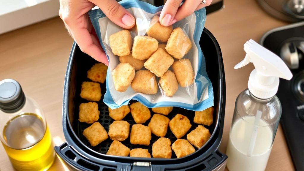 Hands placing frozen chicken nuggets from a package into a preheated air fryer basket with cooking oil spray bottle nearby, bright natural kitchen lighting, showing proper single-layer arrangement and preparation technique