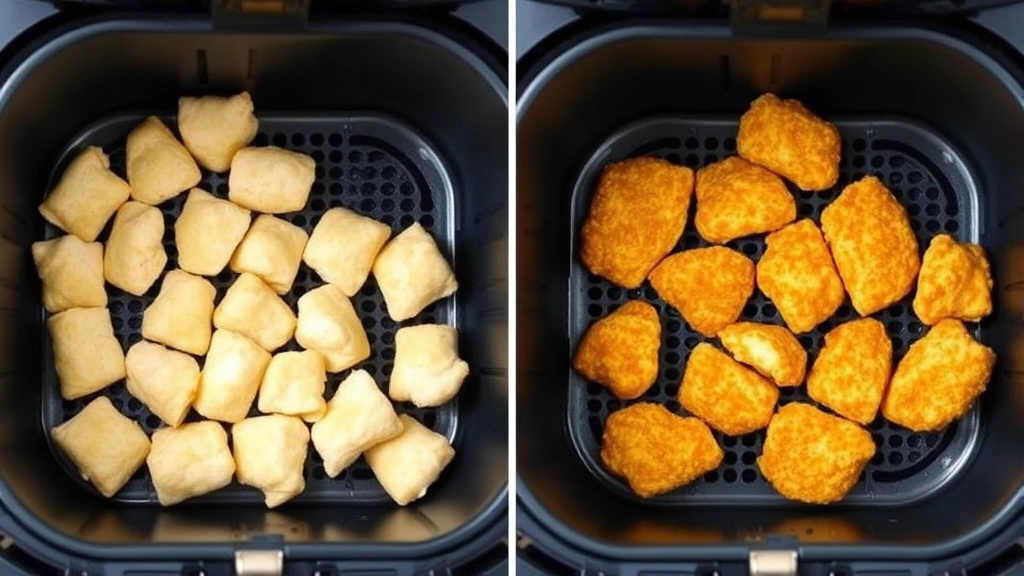 Split-screen comparison of undercooked pale nuggets on left and perfectly golden-brown cooked nuggets on right, both in air fryer baskets, demonstrating the visual difference between correct and incorrect cooking times