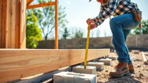 Professional construction worker measuring and marking pressure-treated lumber for shed foundation on level ground with concrete blocks visible, bright daylight, high detail photography