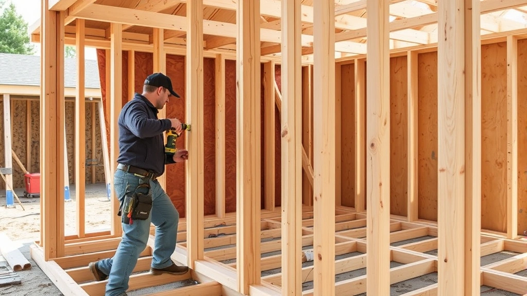 Carpenter installing wall framing with 2x4 studs on a shed floor frame, using level and power drill, partially assembled walls at various stages, construction site background