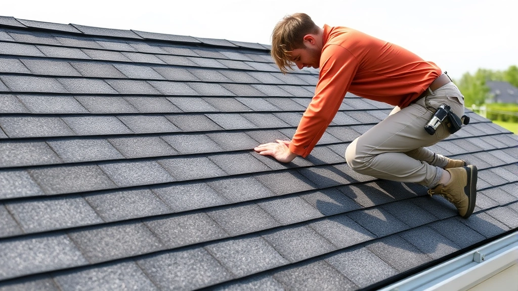 Roofer installing asphalt shingles on shed roof with proper spacing and nailing pattern, roof pitch visible, metal flashing around edges, clear weather conditions, professional technique demonstration