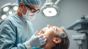 Dental surgeon performing wisdom tooth extraction on patient in sterile operating room with bright overhead lights and surgical instruments visible