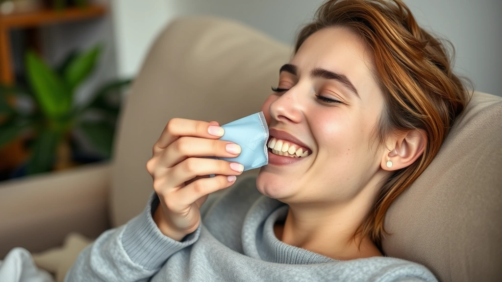 Patient applying ice pack to swollen cheek during first week of wisdom tooth removal recovery at home on comfortable couch