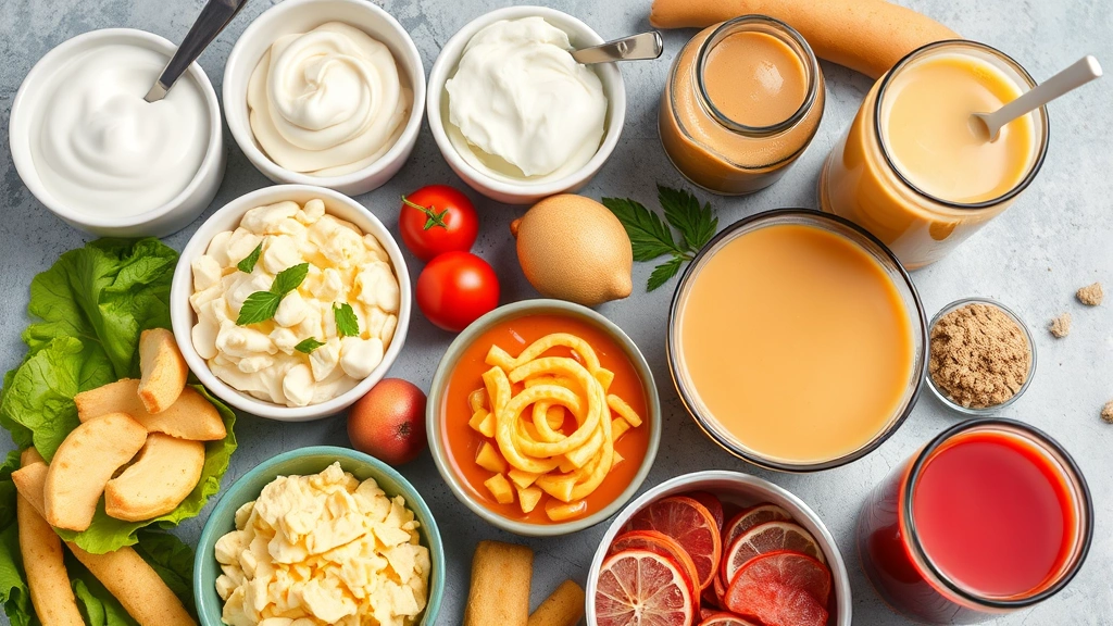 Close-up of soft foods arranged on table including yogurt, mashed potatoes, scrambled eggs, soup, and smoothies for post-extraction diet