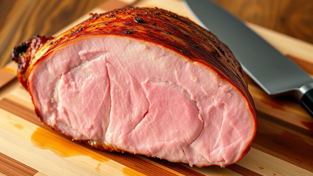 Cross-section of perfectly reheated ham showing pink interior with moisture, resting on wooden cutting board with carving knife nearby