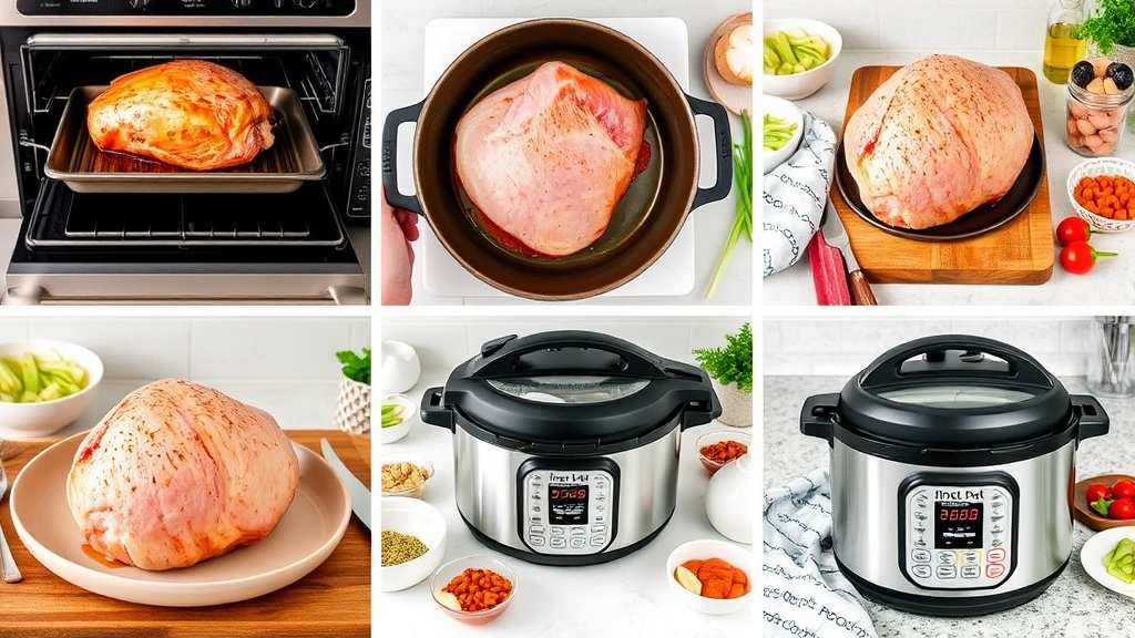 Multiple ham reheating methods displayed simultaneously: oven-safe pan, skillet on stovetop, slow cooker, instant pot on countertop with ingredients