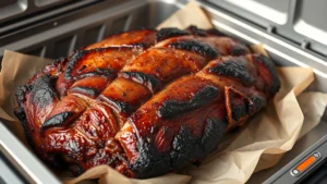Close-up of a large smoked brisket with dark bark crust resting on butcher paper in an insulated cooler, steam visible, professional barbecue setting