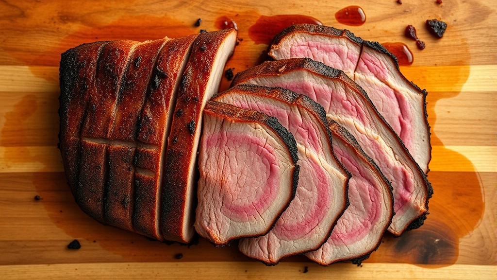 Overhead view of properly sliced brisket showing pink smoke ring and moist interior, slices arranged on wooden cutting board, restaurant-quality plating
