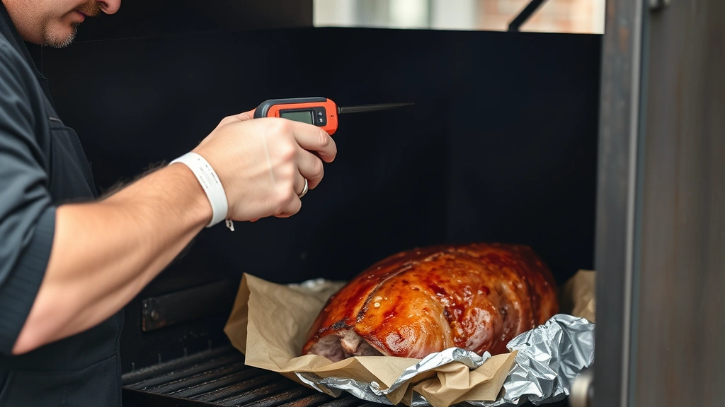 Pitmaster checking internal temperature of wrapped brisket with meat thermometer, brisket wrapped in butcher paper and foil in smoker, professional outdoor cooking environment