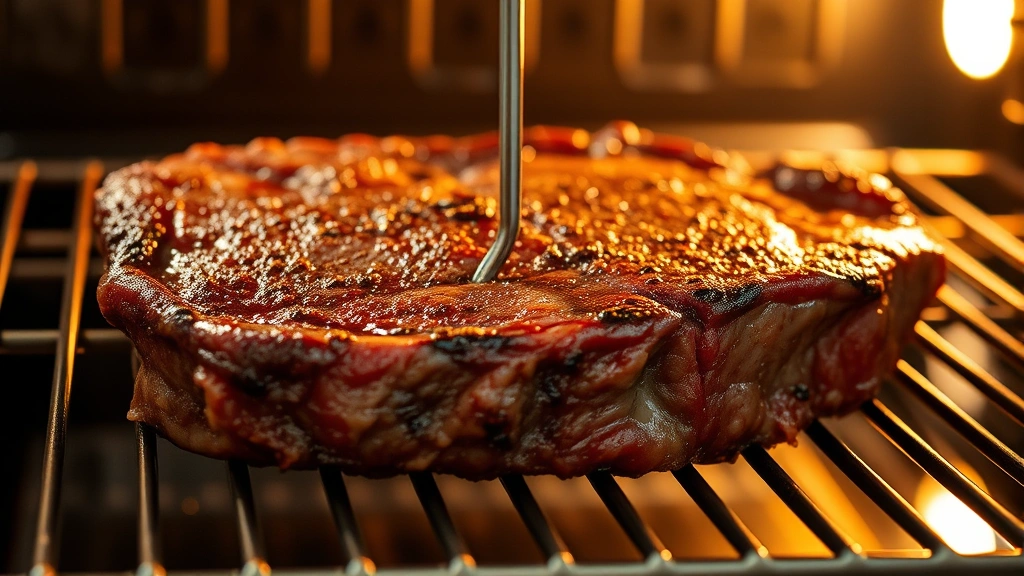Close-up of meat thermometer inserted into center of thick-cut ribeye steak on wire rack in preheated oven at 225 degrees Fahrenheit