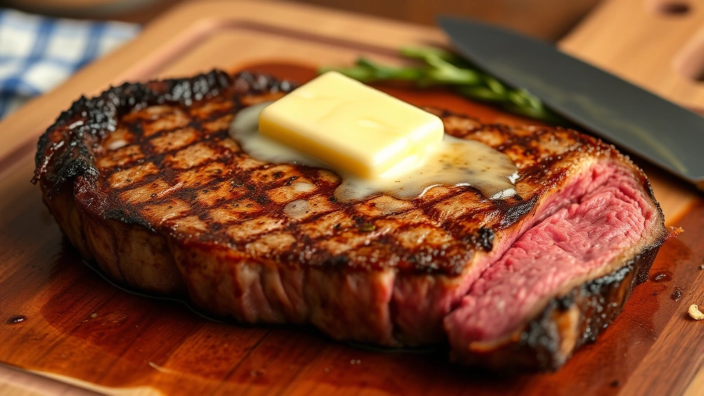 Finished reverse-seared steak resting on cutting board showing perfect medium-rare pink center with golden-brown crust, compound butter melting on top