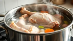 Professional stainless steel stockpot with chicken bones and aromatic vegetables (onions, celery, carrots) submerged in clear broth, steam rising gently, soft kitchen lighting, close-up showing gentle simmer with single bubbles breaking surface