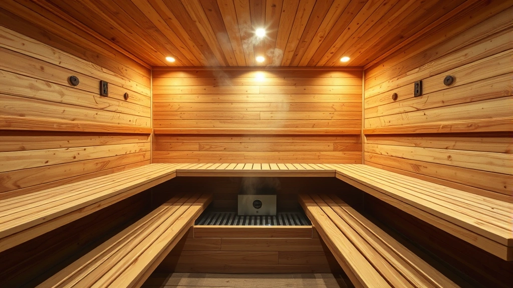 Professional sauna interior with cedar wood paneling, multi-level wooden benches, stainless steel heater visible, warm ambient lighting, steam rising slightly, no people visible, photorealistic construction photography