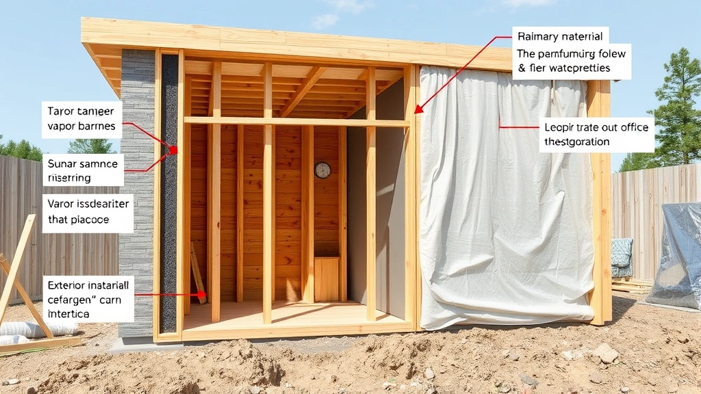 Cross-section view of sauna wall construction showing insulation layers, vapor barrier installation, wooden framing, and exterior materials, detailed technical accuracy, construction site perspective, daylight