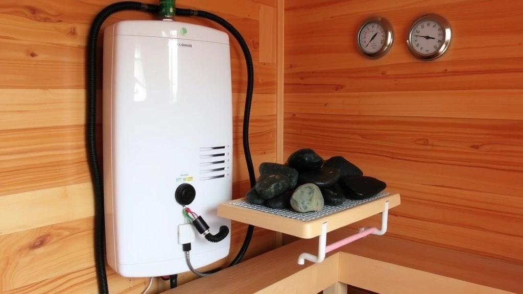 Sauna heater installation with visible electrical connections, sauna rocks loaded on heating element, thermometer and hygrometer mounted on interior wall, professional bathroom/spa setting, clean finished appearance