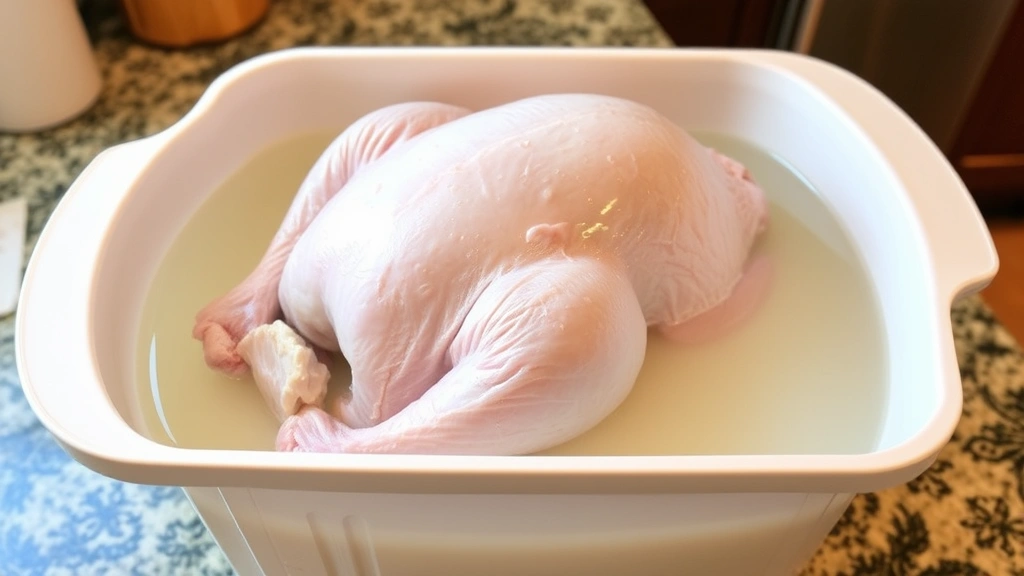 Whole raw turkey submerged in clear brine solution in large white food-grade container, kitchen counter background, brining preparation