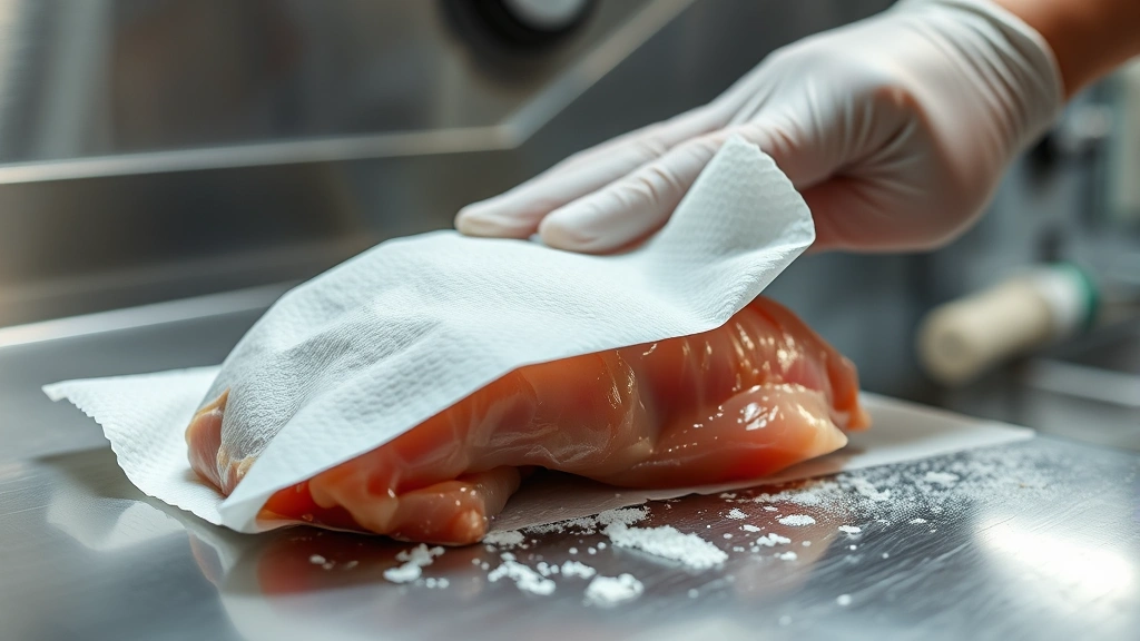 Close-up of raw chicken breast being patted dry with white paper towels on stainless steel counter, professional kitchen lighting