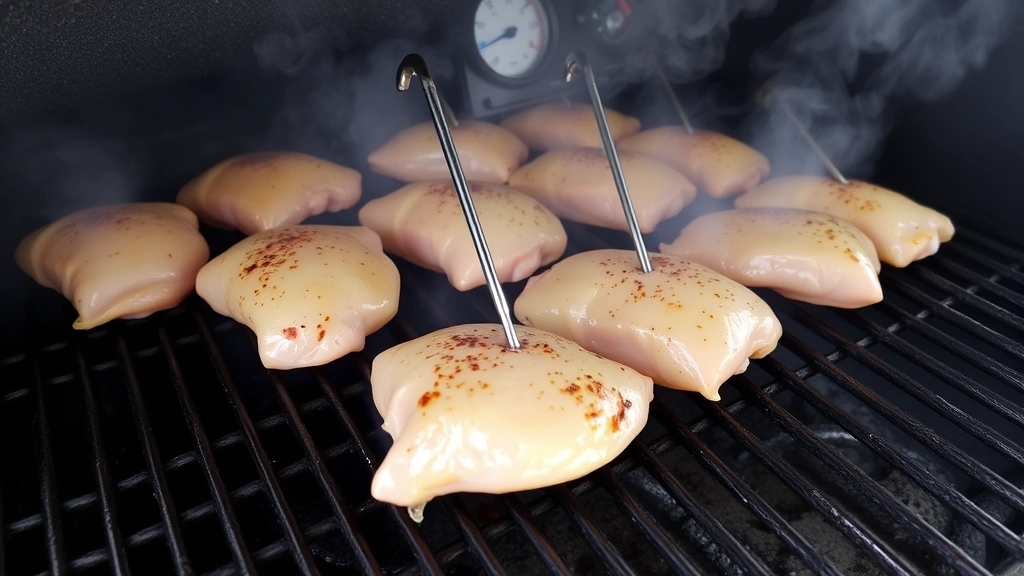 Boneless chicken breasts arranged on smoker grates with visible smoke, internal thermometer probe inserted, temperature gauge visible in background