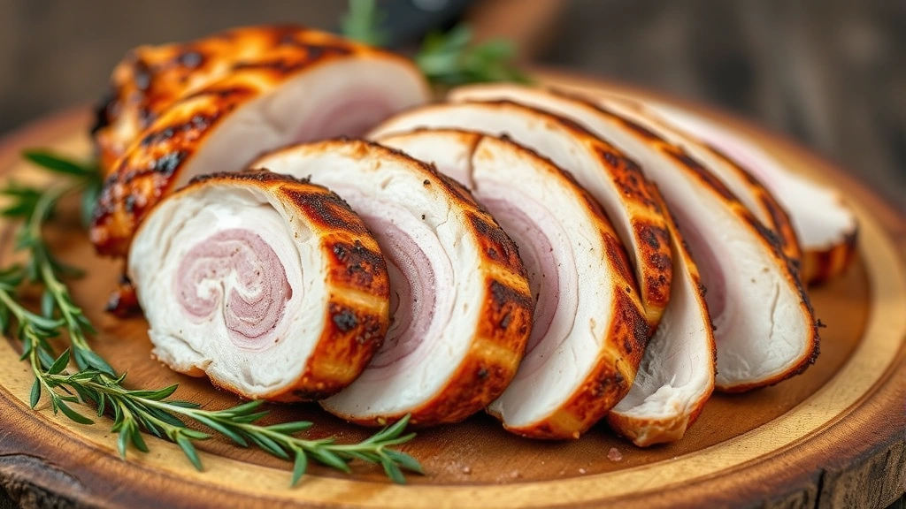 Sliced smoked chicken breast showing pink smoke ring, golden-brown exterior, and white interior meat, plated on rustic wooden board with fresh herbs