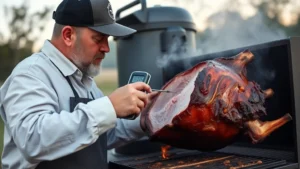 Professional pitmaster checking internal temperature of large smoked pork shoulder using meat thermometer, smoker visible in background with smoke wisping out, outdoor cooking setup at dusk