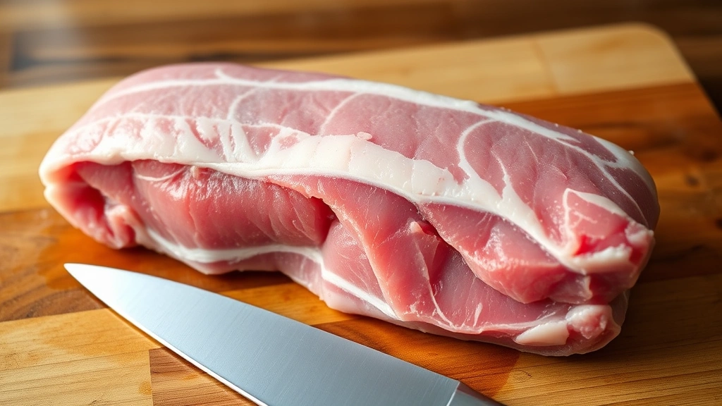 Raw pork tenderloin with silver skin membrane visible, placed on wooden cutting board with sharp boning knife, natural kitchen lighting showing meat texture and color