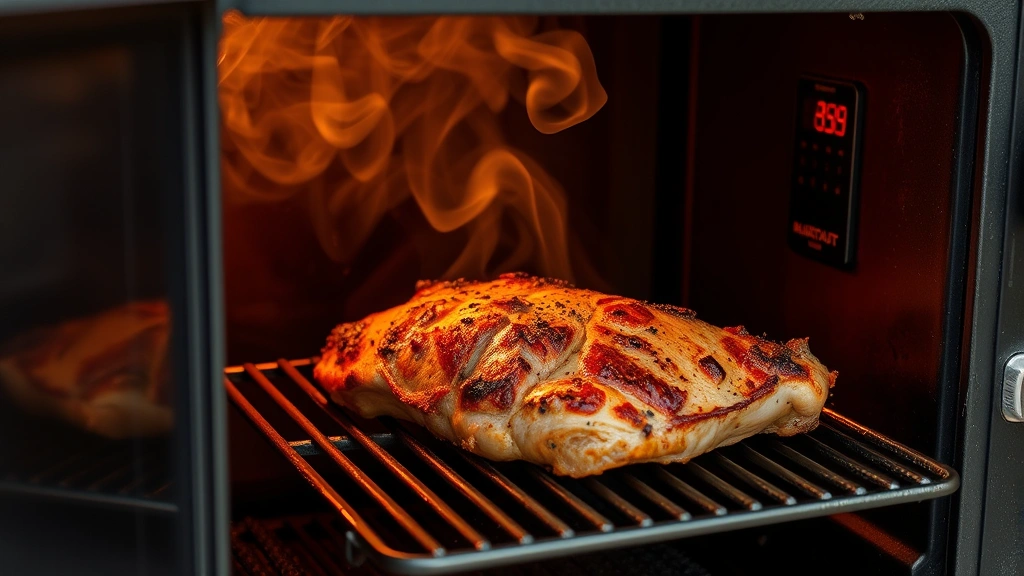 Smoking smoker with open door revealing pork tenderloin on grate with visible bark formation, smoke wisping inside chamber, digital thermometer visible in background