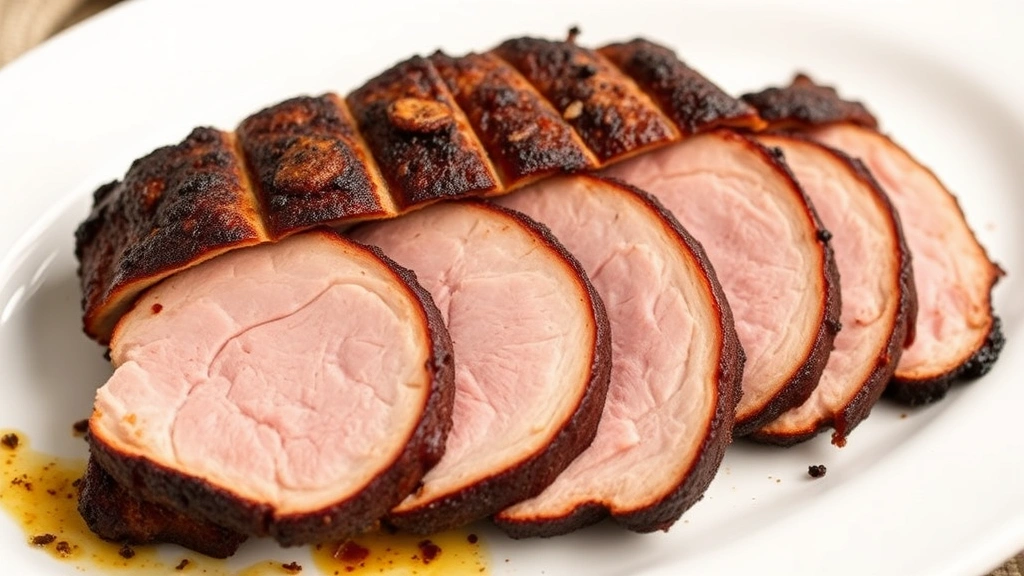 Perfectly smoked pork tenderloin sliced into medallions on white serving platter, showing pink interior and dark brown smoke ring, resting after cooking