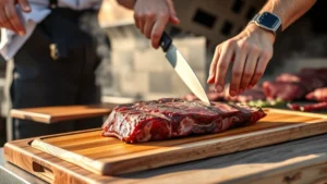 Professional pitmaster preparing raw tri-tip on wooden cutting board, trimming excess fat with sharp knife, smoke-filled outdoor kitchen background, afternoon sunlight