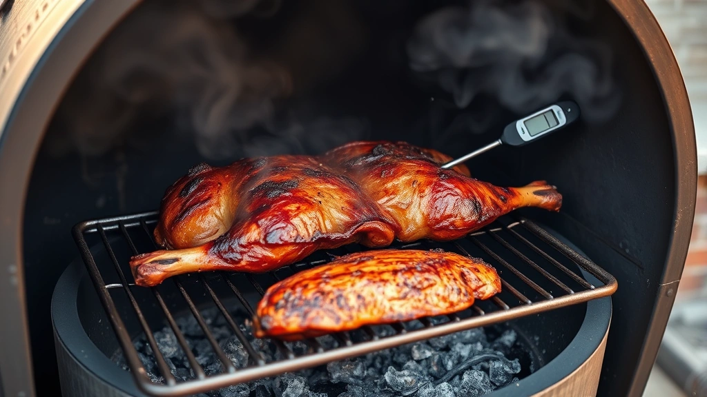 Tri tip smoking on metal grates inside offset barrel smoker with visible smoke, meat showing developing bark, thermometer probe inserted, smoker door open slightly, golden hour lighting