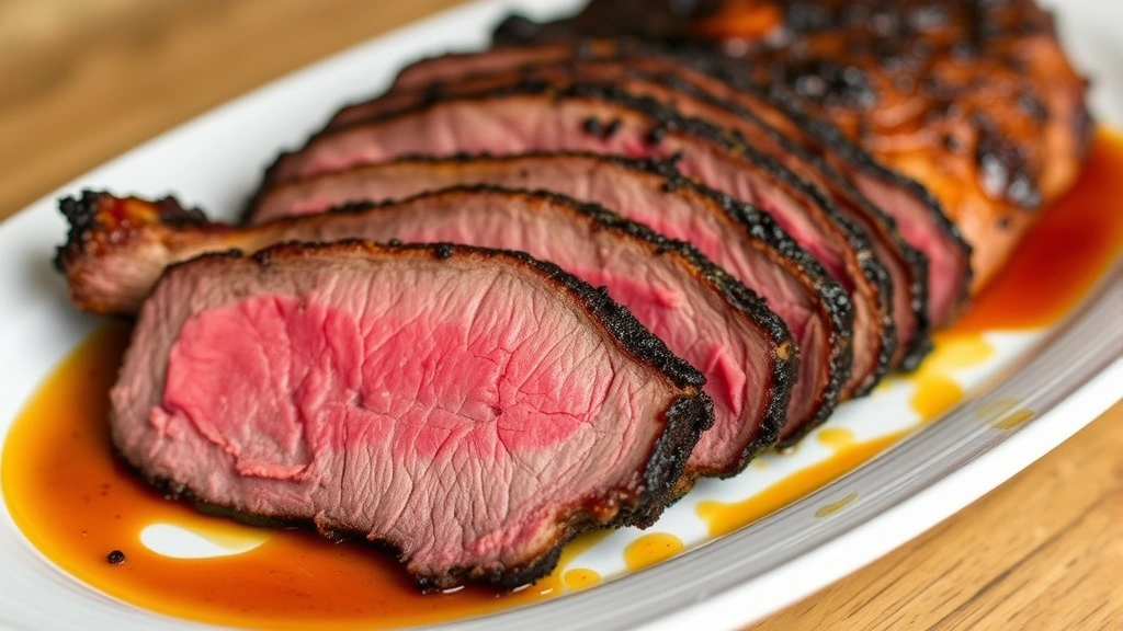 Perfectly sliced smoked tri tip displaying pink smoke ring, medium-rare interior, and dark brown bark, arranged on white ceramic platter with juices pooling, professional barbecue presentation