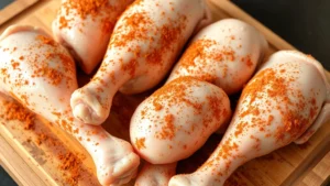 Close-up of raw chicken drumsticks with dry rub seasoning applied, arranged on wooden cutting board, ready for smoking, natural lighting showing spice details