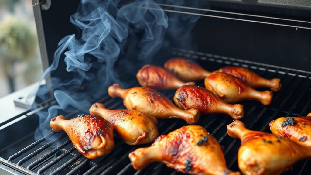 Smoker grill grates filled with golden-brown smoked chicken drumsticks with smoke ring visible, thin blue smoke rising in background, professional barbecue setup