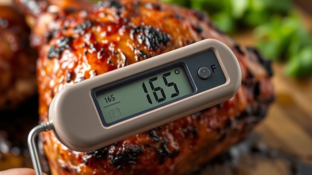 Meat thermometer inserted into thickest part of smoked drumstick showing 165°F temperature reading, cooked drum with caramelized bark exterior, food safety verification