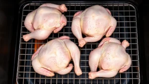 Overhead shot of four raw chicken quarters arranged on stainless steel smoker grate, skin-side up, with light seasoning visible, warm smoker interior background