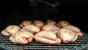 Close-up of raw bone-in, skin-on chicken thighs arranged on a metal smoking grate inside a barrel smoker, patted dry with visible seasoning rub, smoker interior visible in background with smoke wisping