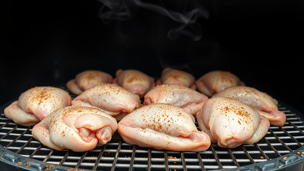 Close-up of raw bone-in, skin-on chicken thighs arranged on a metal smoking grate inside a barrel smoker, patted dry with visible seasoning rub, smoker interior visible in background with smoke wisping