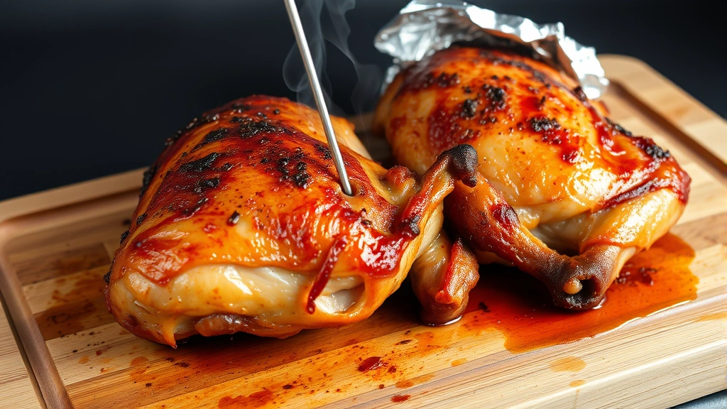 Golden-brown smoked chicken thighs with crispy rendered skin resting on a wooden cutting board, steam rising, thermometer probe inserted into thickest part, tented loosely with aluminum foil