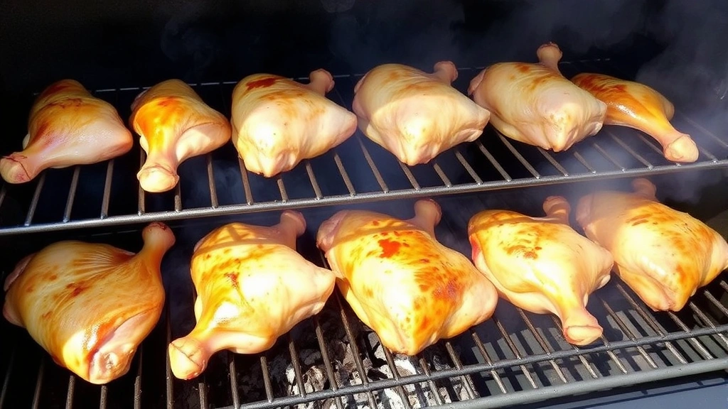 Multiple bone-in chicken thighs arranged skin-side-up on smoker grates at different levels, thin blue smoke visible, temperature gauge showing 225°F, outdoor smoking setup in daylight