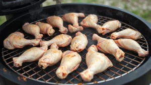 Close-up of raw chicken wings arranged on a metal smoking grate inside a barrel smoker, showing proper spacing and placement, with smoke wisping around them in a professional outdoor setting