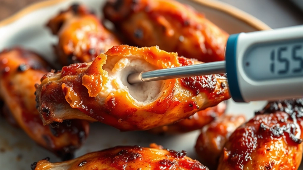 Thermometer probe inserted into the thickest part of a smoked chicken wing showing 165°F internal temperature, with golden-brown glazed wings visible on a ceramic plate in soft natural lighting