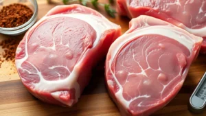 Close-up of raw bone-in pork chops with marbling and fat cap visible, placed on wooden cutting board next to dry rub ingredients and meat thermometer