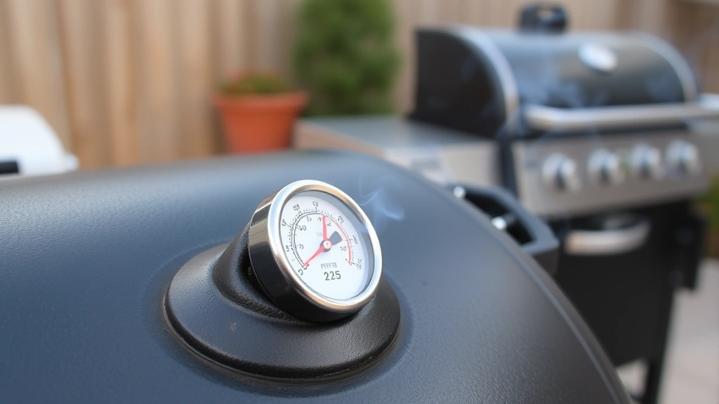 Smoker thermometer displaying 225 degrees Fahrenheit, thin blue smoke wisping from smoker vents, outdoor backyard setting with grill in background
