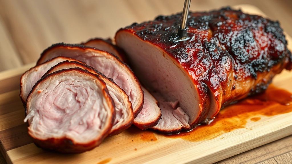Cooked pork loin on wooden cutting board after resting, sliced to show smoke ring, juicy pink interior, meat thermometer inserted in thickest section