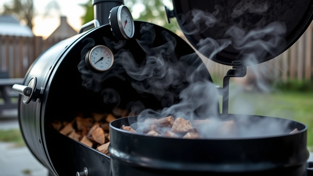 Offset barrel smoker with white smoke billowing out, thermometer mounted on side showing temperature gauge, wood chips visible in firebox, outdoor backyard setting with evening light
