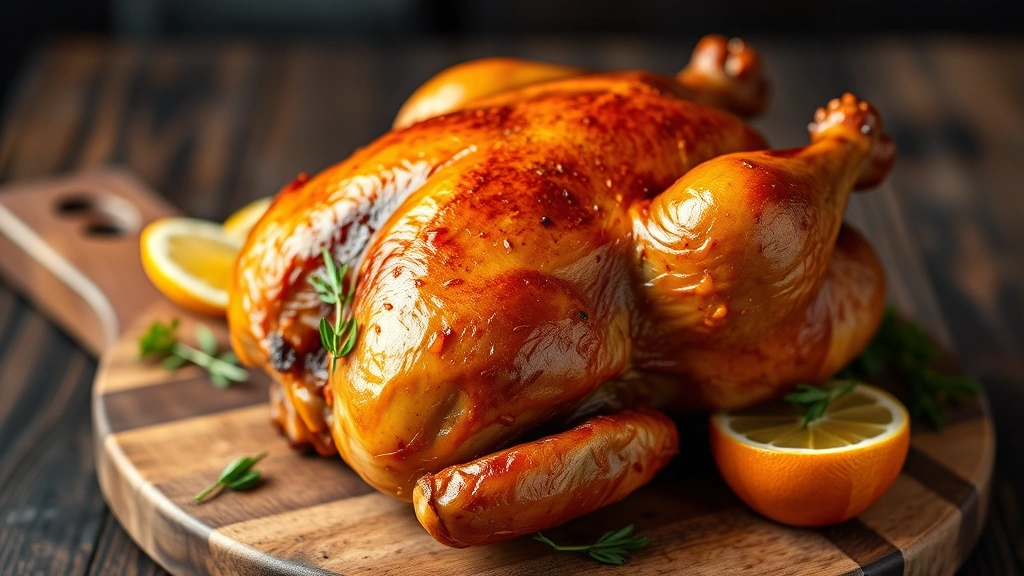 Golden-brown smoked whole chicken on wooden serving platter resting, showing mahogany skin color and smoke ring, fresh herbs and citrus garnish, professional food photography lighting, shallow depth of field